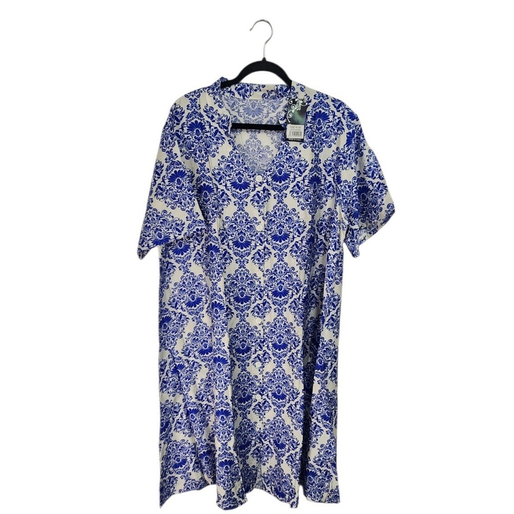 GM Fashion USA Damask House Dress‎ Women One Size Blue White New